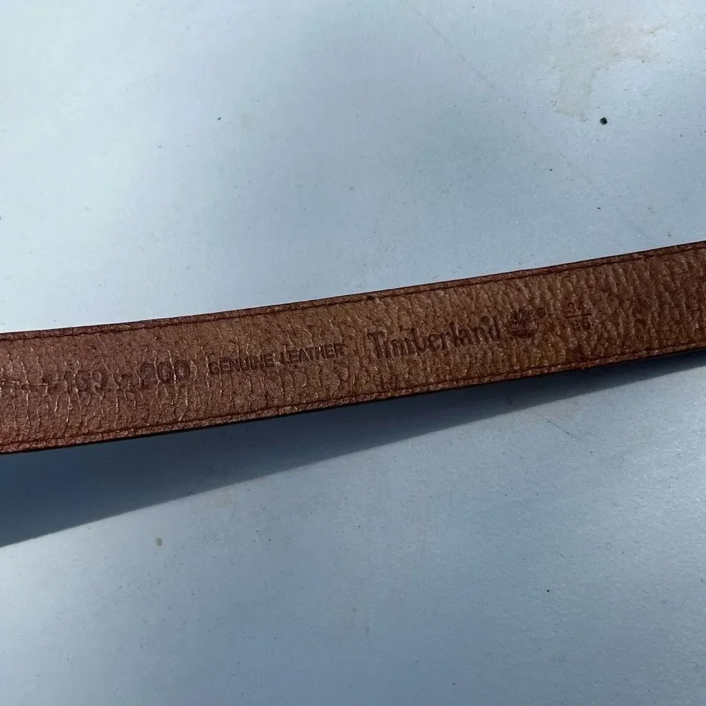 Timberland Tan Leather Belt Sz 34/85 Logo Buckle Contrast Stitching Unisex